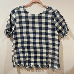 R.D. Style Plaid Shirt Back Zip Raw Edge Hem Top Size S 100% Cotton